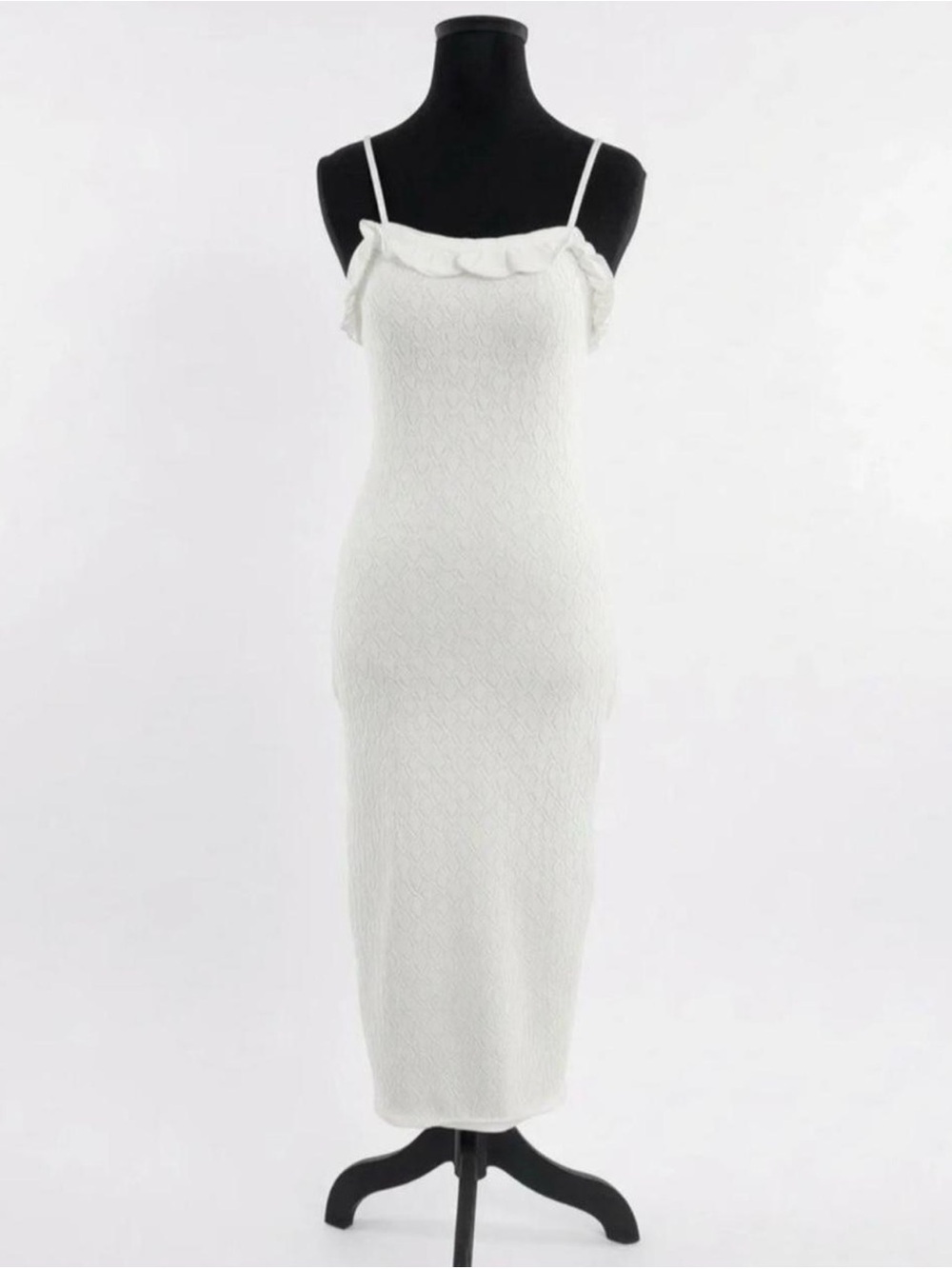 Ruffle-Trim White Knit Midi Dress with Spaghetti Straps